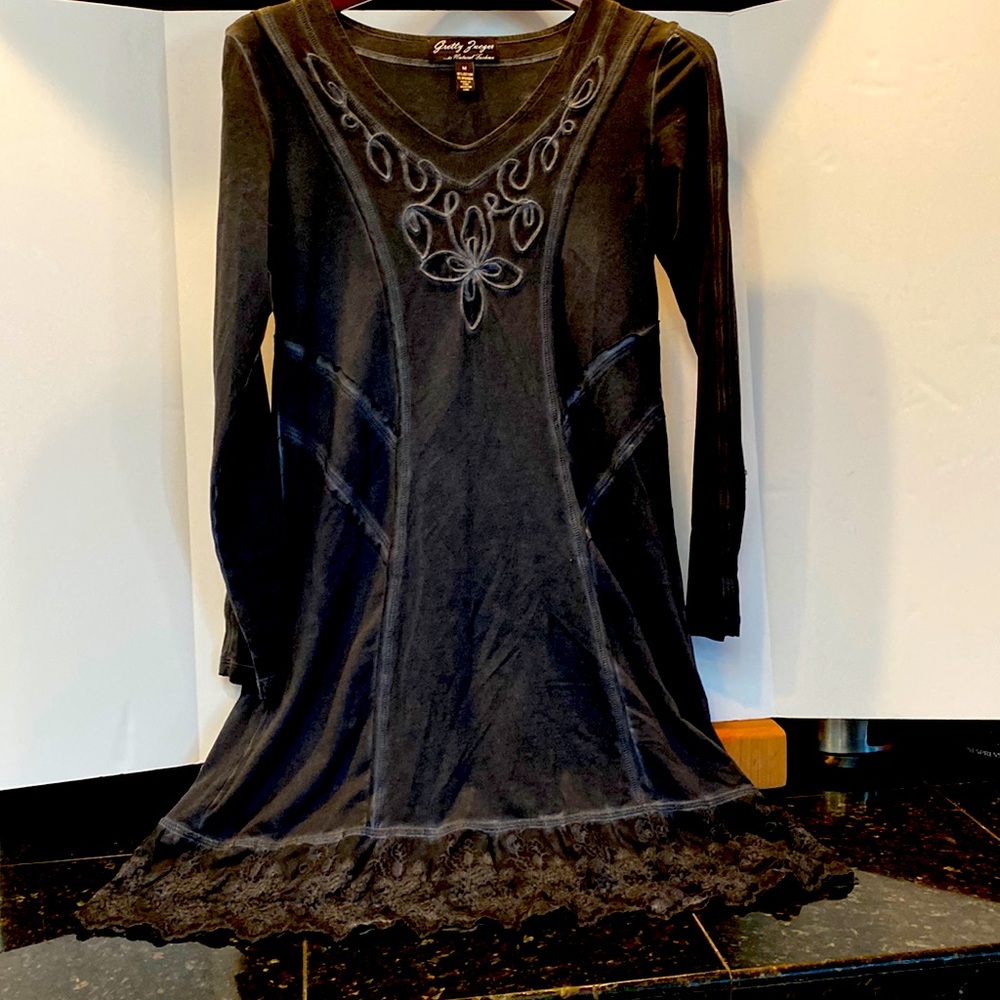 GRETTY ZUEGER Black Embroidered Lace Ruffle Dress/Tunic Top